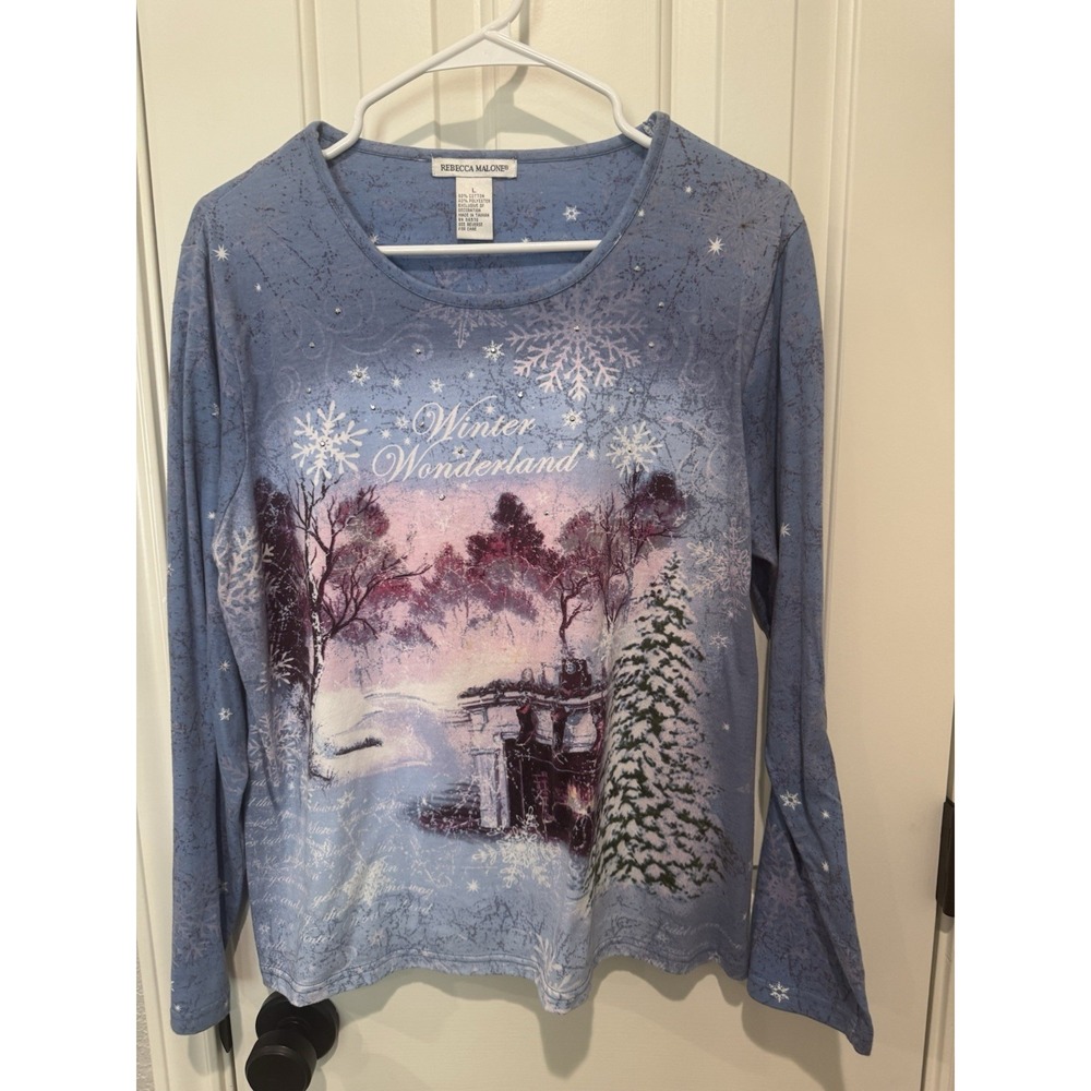 Y2K Knit Top Cotton Novelty Graphic Print VTG Christmas Holiday Scenic Ski Large